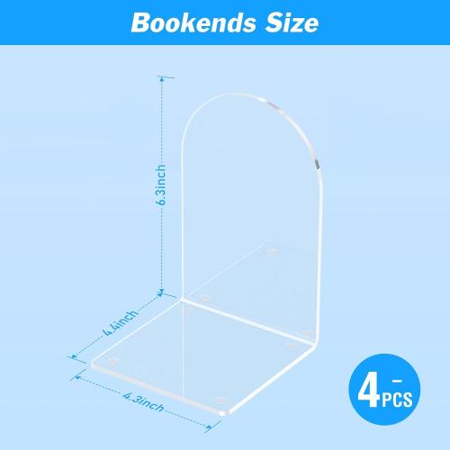 4 Pcs Acrylic Bookends, Clear Book Ends for Heavy Books, Bookend Holders for Shelves, Arch Book Stopper to Hold Books, Decorative Bookends for School, Library, Home, Office