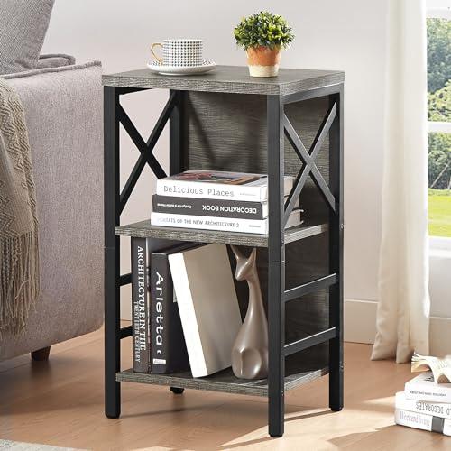 Black L15.7* W11.8 * H27.6  Small Bookcase,3 Tier Industrial Bookshelf with Metal Frame and Backboard,Low Grey Book Shelf,Book case for Small Spaces,Living Room,Bedroom and Home Office