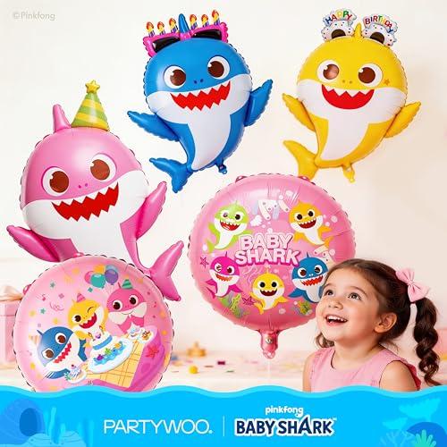 PartyWoo Baby Shark Pink Round Mylar Helium Boys Girls Foil Balloons 5pcs