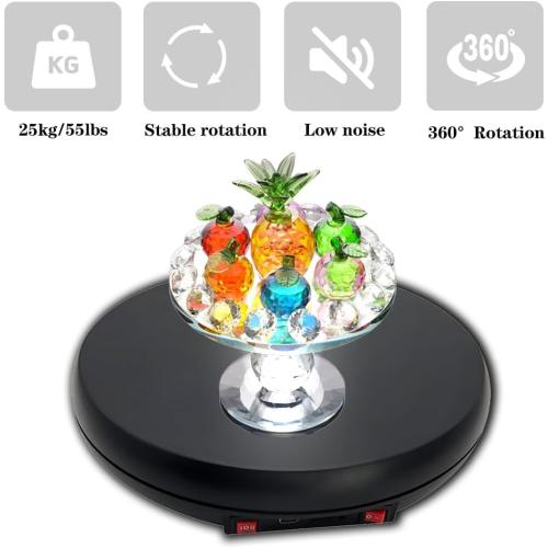 JAYEGT Motorized Rotating Display Stand with LED Light , 10 inch /55lbs Load, 360 Degree Electronic Photography Turntable for Product Show, Jewelry, Crystal Art (Black / 5 Colors LED Light /Rechargeable)