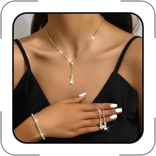 Gold Jewelry Set for Prom,Pearl Necklace Earrings Bracelet Crystal Bridal Wedding Prom Dresses Costume Jewelry Accessories Rhinestone Bridal Jewelry Set for Women