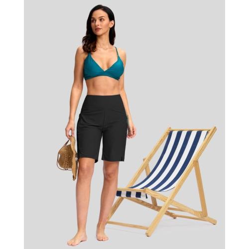 Size L ... Women's 9 Long Swim Board Shorts with Pockets High Waisted Knee Length Beach Swimming Shorts for Women with Liner