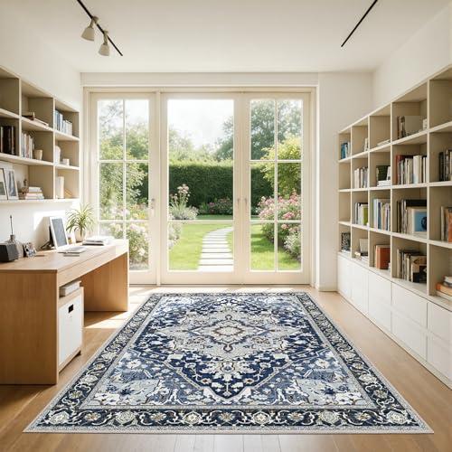 5x7 Blue Boho Area Rug Washable Non-Slip - Low Pile Farmhouse Living Room Bedroom Rug - Machine Washable Medium Indoor Carpet with TPE Backing, Vintage Easy Clean, Navy Blue Multi