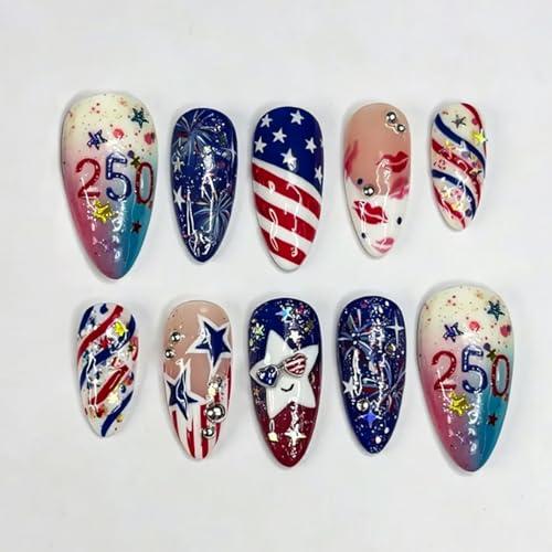 30Pcs 4th of July Press on Nails Almond Patriotic Fake Nails with American Flag Star & Fireworks Designs Red White Blue False Nails Medium Acrylic Stick on Nails for Women Independence Day Decoration