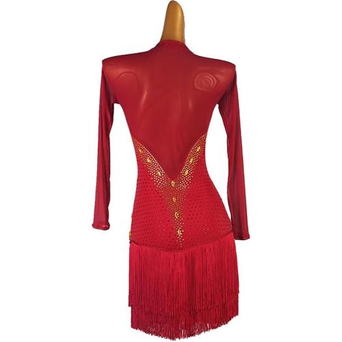 Size M Fringe Latin Dance Dresses for Women Competition Cha Cha Tango Costume Long Sleeve Ballroom Performance Dancewear