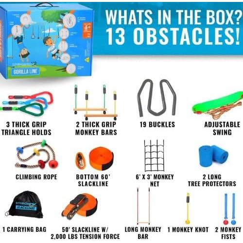 Hyponix Ninja Warrior Obstacle Course for Kids, 2 x 60ft, 13 Obstacles