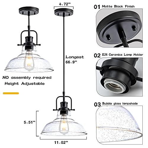 Zlepmlla Glass Pendant Light，Black Pendant Light Fixtures with Seeded Glass Shade, Adjustable Height Hanging Lights for Hallway, Kitchen Island, Dinning Room（Bulb not Included）