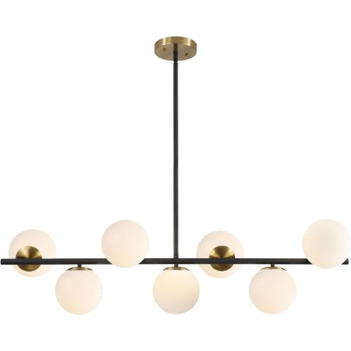KCO Lighting Black and Brass Linear Pendant Light Mid Century Modern Sputnik Chandelier 7 Lights Milk Glass Globe Kitchen Island Pendant Lighting for Dining Room Living Room