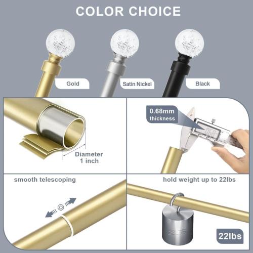 knobelite 2 Pack Gold Window Treatment Single Curtain Rods, Adjustable Curtain Rod from 22 to 48 Inches with Crystal Finial Finials,1-Inch Curtain Rods for Windows