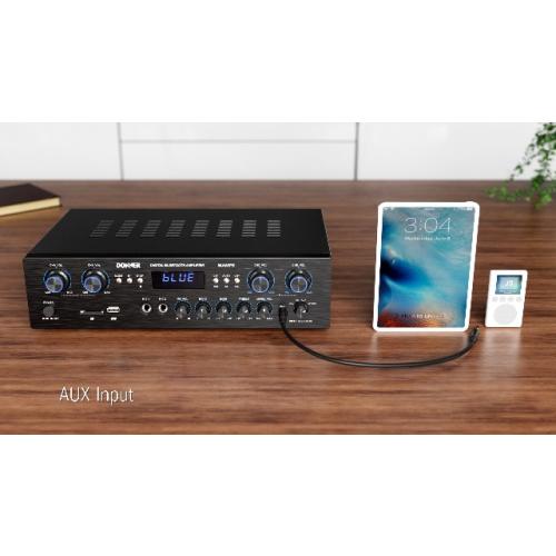 Donner Bluetooth 5.0 Stereo Audio Amplifier Receiver, 4 Channel 440W Peak Power Home Theater Stereo Receiver with USB, SD, FM, 2 Mic in Echo, RCA, LED, Speaker Selector for Studio, Home - MAMP5