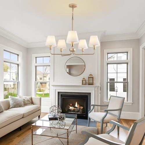 Farmhouse Chandelier, Gold Modern Dining Room Light Fixture with White Fabric Shade, 5-Light Height Adjustable Industrial Pendant Island Light Fixture for Foyer Entryway Hallway Kitchen Bedroom