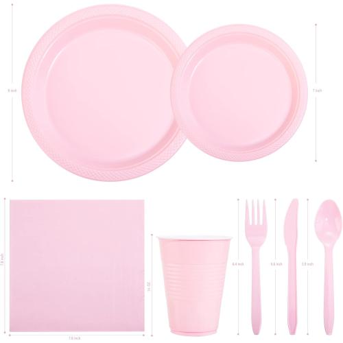 Set of 210 Color Pink WELLIFE 210 Pieces Pink Party Supplies, Disposable Dinnerware Set, Including Pink Plastic Plates, 16OZ Cups, Plastic Cutlery and Napkins Serve 30 Guests for Party