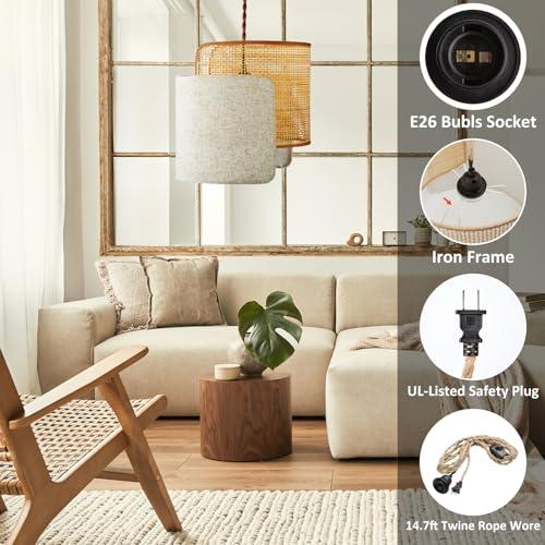 Boho Plug in Pendant Light, Stepless Dimmable Boho Chandelier with Bamboo Woven & Linen Fabric Shade, 11.2ft Plug-in Hanging Lamp Fixture for Hallway Kitchen Island Dining Room Bedroom(Not Bulb)