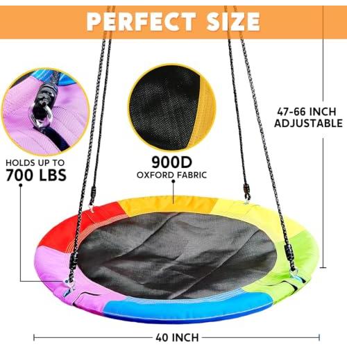 TURFEE 40 Saucer Tree Swing for Kids Outdoor, 900Lb Weight Capacity, Waterproof Swing Seat with Adjustable Hanging Straps for Children Playground Backyard (Rainbow)