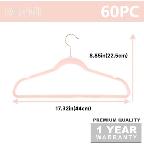 MIZGI Velvet Hangers 60 Pack Non Slip Heavy Duty Blush Pink Rose Gold Hooks