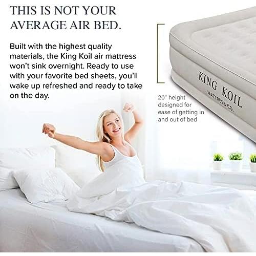 King Koil Luxury California King Air Mattress with Built-in Pump for Home, Camping & Guests - 20” King Size Inflatable Airbed Luxury Double High Adjustable Blow Up Mattress, Durable Waterproof