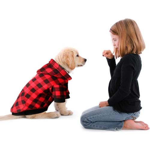 Red Plaid Dog Hoodie Sweater for Dogs Pet Clothes with Hat and Pocke