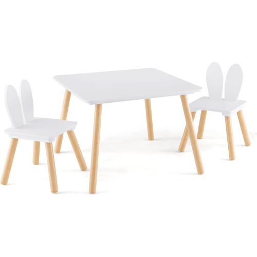 HONEY JOY Kids Table and Chair Set, Children Wooden Activity Table & 2 Chairs Set, Solid Wood Legs, Easy Assembly, 3 Piece Rabbit Themed Toddler Furniture Set for Art Craft (White)