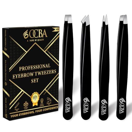 4 Pcs Tweezers for Facial Hair Women & Men for Precise Grooming of Eyebrows - Professional Stainless Steel Black Color Coated Eyebrow Tweezers for Ingrown Hair on Nose Ear