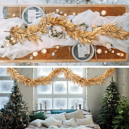 Jutom 6 Ft Gold Christmas Bay Leaf Garland Decoration Gold Bayleaf Garland for Christmas Fireplace Front Door Stairs Decoration Xmas Holiday Winter Engagement Birthday Wedding Supplies