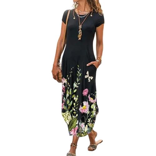 Women Small Summer Casual Maxi Dress Floral Printed Loose Pockets Short Sleeve Split Boho Dresses