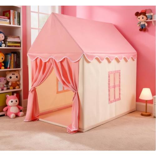 Pink Play Tent House with Curtains — Indoor Princess Playhouse with Soft Fabric Roof & Windows, Stable Frame Structure, Cozy Reading & Play Space for Home Use