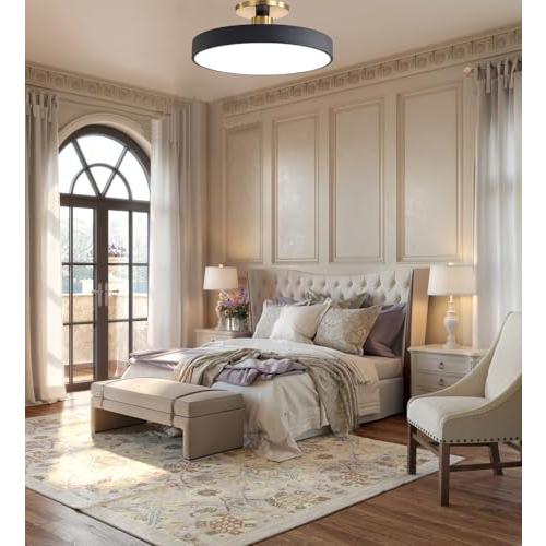 Modern LED Semi Flush Mount Ceiling Light Black 48W Mid Century Flush Mount Ceiling Lamp Acrylic Hallway Ceiling Light Nordic Vintage Round Ceiling Lights Fixtures for Bathroom Porch Bedroom
