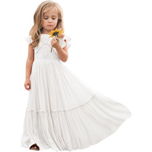 White Boho Toddler Flower Girls Dresses for Wedding Lace Embroidery Bridesmaid Dresses Long Chiffon Party Dresses PT126
