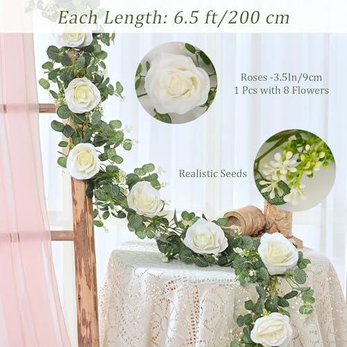 Dolicer 2Pcs 13Ft Artificial Eucalyptus Garlands with Flowers - 8 Roses, Faux Floral Greenery Garlands Fake Flowers Vines for Wedding Table Centerpieces Arch Party Ceremony Backdrop Decor (White)