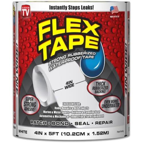 Flex Tape, Original Thick Flexible Rubberized Waterproof Tape - Seal and Patch Leaks, Works Underwater, Indoor Outdoor - Home RV Roof Plumbing and Pool Repairs, White, 4 in x 5 ft, Pack of 1