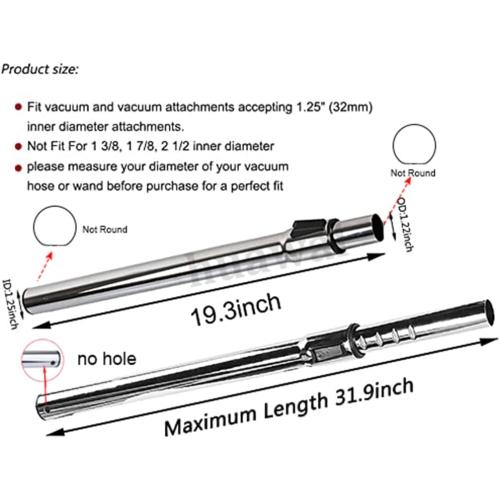 2 Pcs 1 1/4 inch Chrome Telescopic Metal Vacuum Wands 1.25 inch Vacuum Extension Wand Extends to 31.9 Inch Long for Most Brand Vacuum