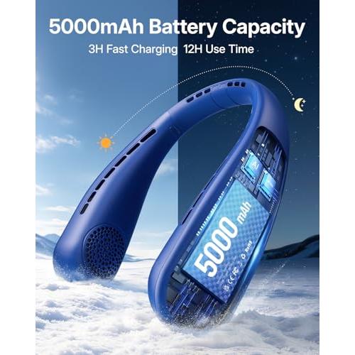 SHEWIND Portable Neck Fan - Hands Free Personal Fan, Rechargeable Bladeless Fan with 5000mAh-Battery, Digital Display, 4 Speeds, Birthday Gifts for Men, Women, Mom, and Dad - Blue