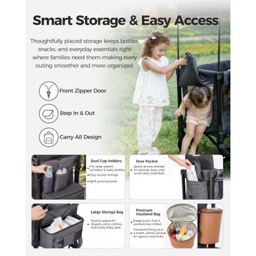 Stroller Wagon for 2 Kids, Foldable 2 Seater Wagon Stroller with Raised Seats, 5-Point Harnesses, Adjustable UPF 50  Canopy, Front Zip Door, All-Terrain Wheels, Insulated Snack Bag, Gray