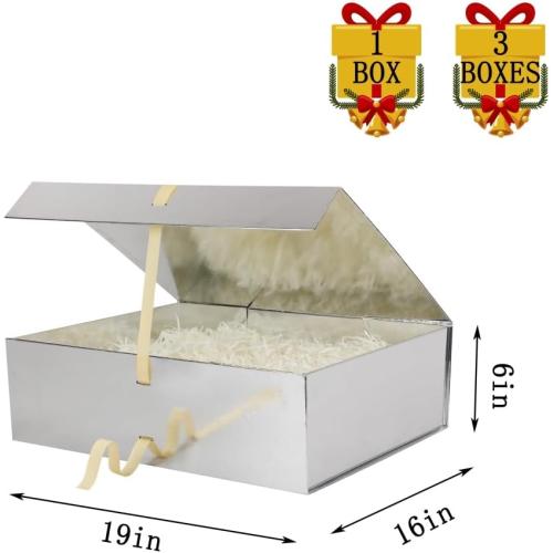 Skivra Large Silver Gift Box with Ribbon - Extra Large Collapsible Luxury Gift Box for Wedding Dress - 19x16x6 Inch - Magnetic Closure - Rectangle - Crinkle Cut Paper Shred with Card