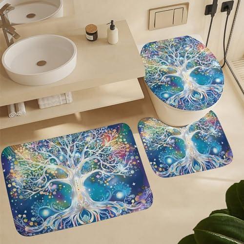 4Pcs Dreamy Tree Shower Curtain Set with Rugs, Toilet Lid Cover and Bath Mat, Glam Colorful Nature Plant Branches Bathroom Curtains Decor Shower Curtains, 72 x 72