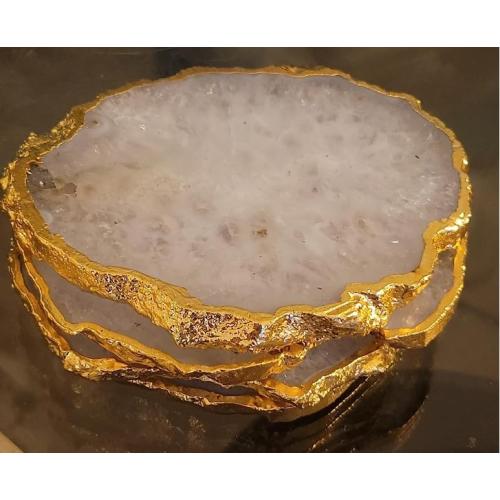 White Natural Sliced Agate Coasters Set of 4 Brazilian Natural Gemstone Coasters with Gold Rim