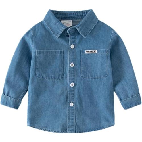 Wapypy Size 90/52 Toddler Baby Fashion Denim Shirt Lapel Button Pocket Little Kids Shirt Long Sleeve Loose Top
