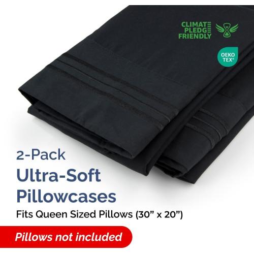 Queen Pillow Cases Set of 2 - Ultra Soft Hotel Quality Pillowcase Covers - Comfy, Cozy & Wrinkle Free - Shrinkage, Stain and Fade Resistant - Machine Washable Pillow Protectors - 2 Piece Set - Black