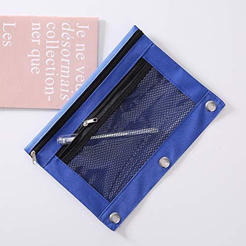 3 Ring Binder Pencil Pouchs, Zippered Pencil P9ouch Double Pocket Pencil Pouch 3 Ring with Clear Window (Blue&Green 2pack)