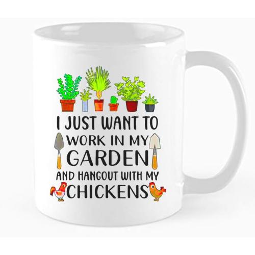 Funny Coffee Mug,I Just Want To Work In My Garden And Hangout With Chickens Mug, Best Gift, Gardener Farmer Cup, Retirement gifts for friends, colleagues, family, 11 oz Mugs, White