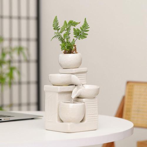 Indoor and Outdoor Tabletop Desktop Fountain Water Feature Home and Garden Ceramic Decoration (White S094)