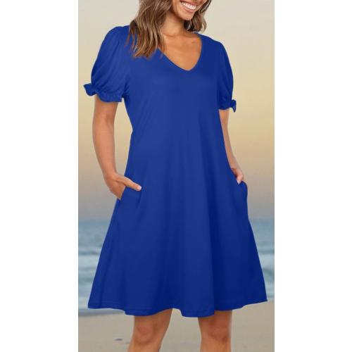 Size 2XL Aloodor Women's Casual Dresses Short Sleeve V-Neck Dress with Pockets
