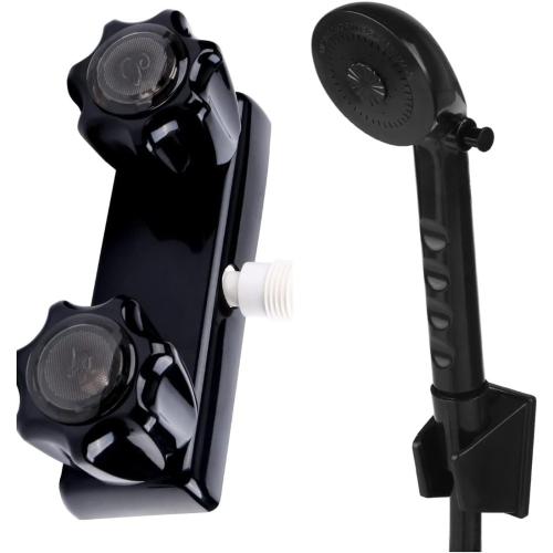 RV Shower Faucet w/Showerhead and Hose - Outdoor Non-Metallic Shower Parts On-Off Handheld Shower Head Valve Diverter Replacements for RVs, Fifth Wheels, Motorhomes,Travel Trailers,Campers,Black