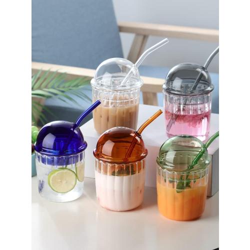 2 Pack....Cute Drinking Glasses with Dome Lid and Straw, Reusable Wide Mouth Smoothie Cups 15oz Glass Coffee Iced Cup Tumbler Glass Bubble Tea Cup for Coke Soda Home Office Bar((White)