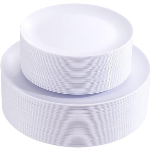 PULOTE 100PCS White Plastic Plates Disposable - Heavyweight 50 White Dinner & 50 Dessert/Salad Plates for Wedding, Party