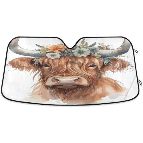 Cute Highland Cow Windshield Sun Shade Flodable for SUV Trucks Car Watercolor Universal Accordion Folding Auto Front Window Sunshade Visor Shield Cover Protector 55x27.6 in