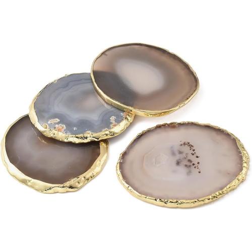 Blueshyhall Natural Agate Coasters Bar Beer Coffee Tea Coaster,White Agate Slices Cup Mat with Gold Plated Edge for Home Decor （Set of 4）
