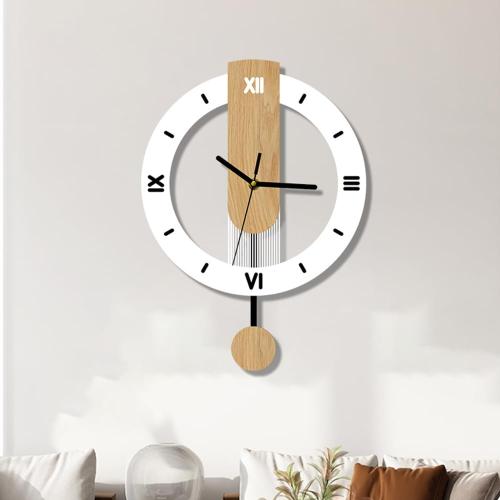 Modern Wooden Decorative Wall Clock with Pendulum, Minimalist Silent Non-Ticking Quartz Battery Operated,Roman Numeral Large Wall Clock for Living Room, Bedroom, Kitchen, Office