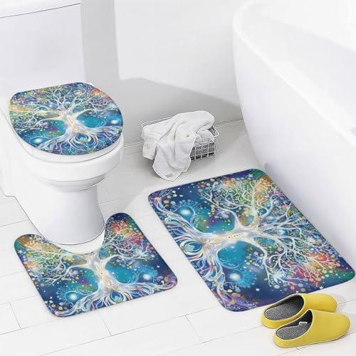 4Pcs Dreamy Tree Shower Curtain Set with Rugs, Toilet Lid Cover and Bath Mat, Glam Colorful Nature Plant Branches Bathroom Curtains Decor Shower Curtains, 72 x 72