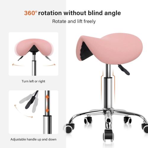 PINK KKTONER Rolling Saddle Stool PU Leather Swivel Adjustable Rolling Stool with Wheels Salon Chair